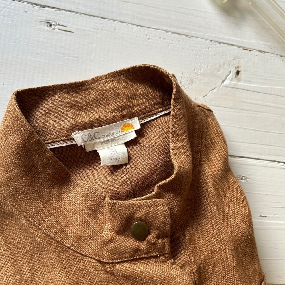 C&C California Kids Brown 100% Linen Utility Jacket Roll Tab Sleeve Size S